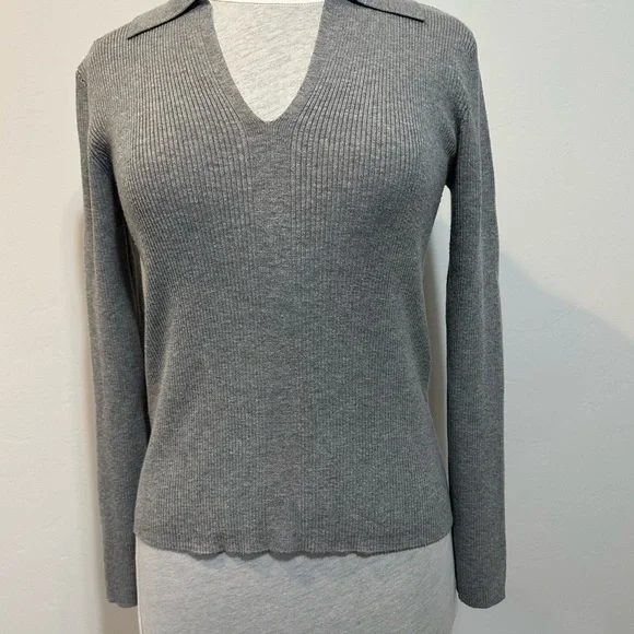 Calvin Klein Gray Ribbed V-Neck Knit Sweater | Classic Workwear Top - Picture 2 of 6